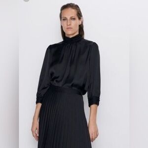 Zara High Collar Satin Effect Blouse‎ Long Sleeve Women's Size Medium